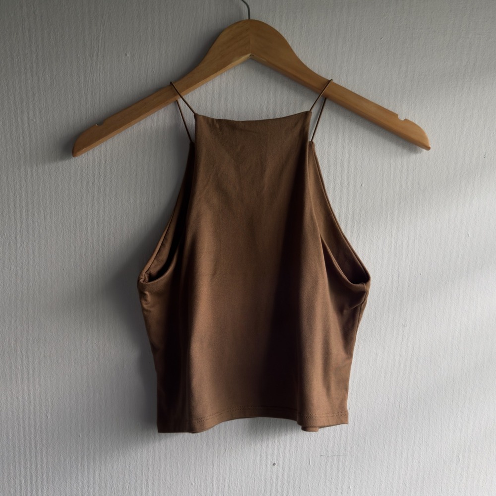 Gaze Faux Suede High Neck Cami Crop Top Women Small Brown Minimalist Boho - Picture 2 of 6